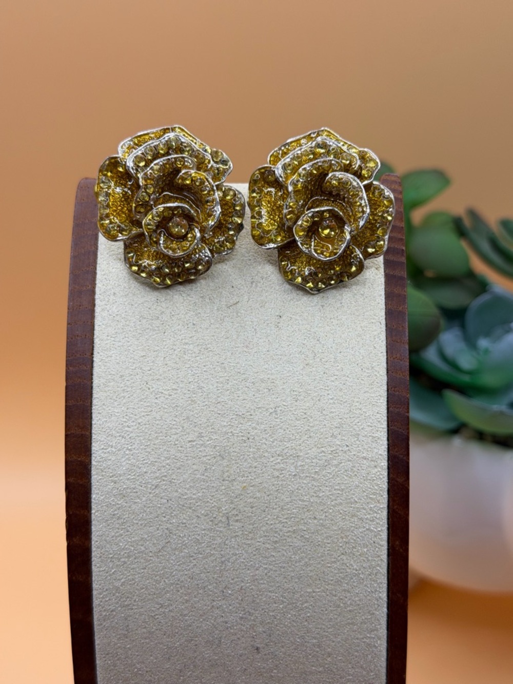 Gold Floral Crystal clip on Earrings - Women's Jewelry